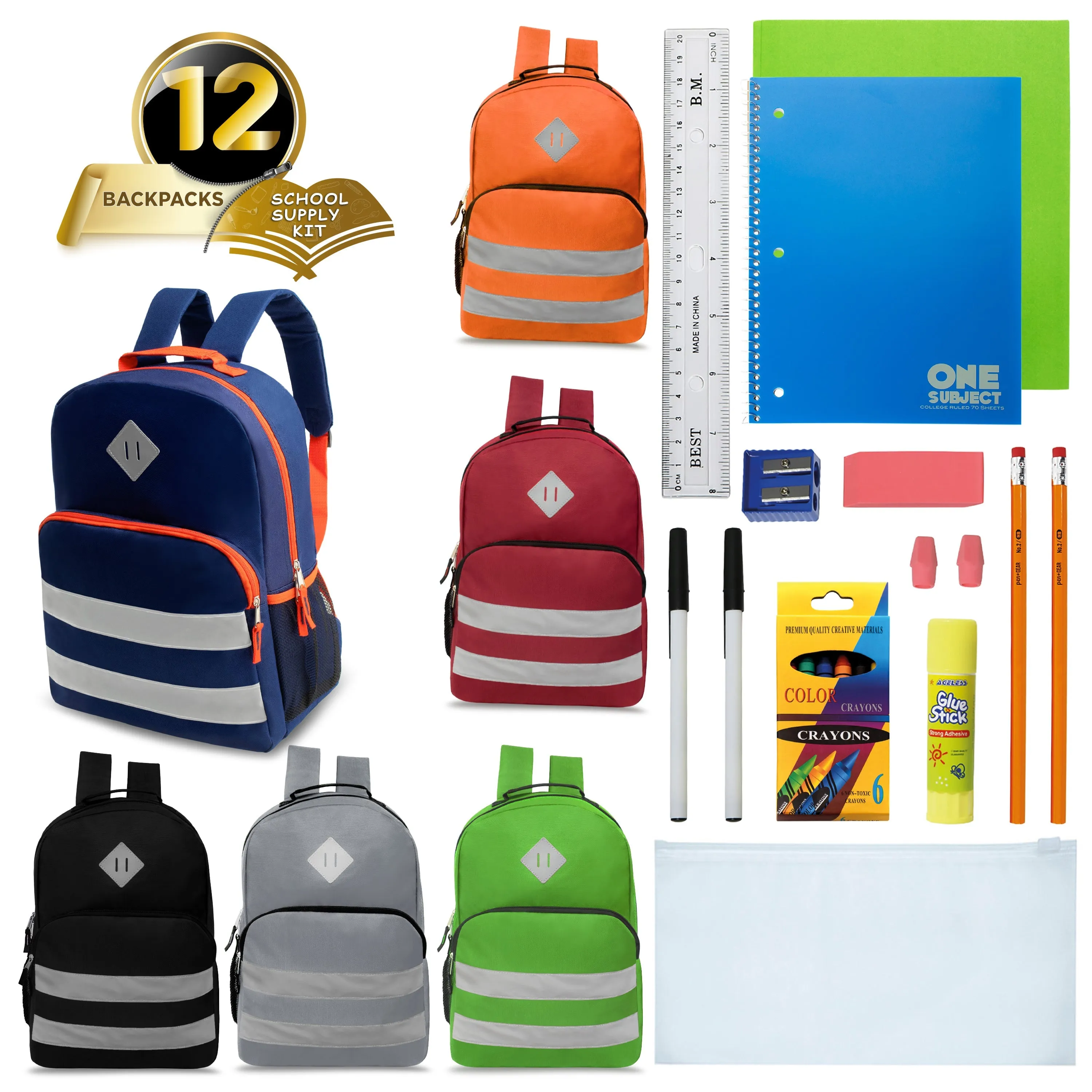12 Wholesale 17" Reflective backpacks in Assorted Colors & 12 Bulk School Supply Kits of Your Choice