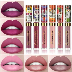 6Pcs Skull Face Matte Liquid Lipstick Set Lip Stain Makeup,24 Hour Long Lasting Waterproof Dark Red Matte Matt Lipsticks Lip Gloss Sets for Women Matt Liquid labiales matte larga duracion 24 Set03