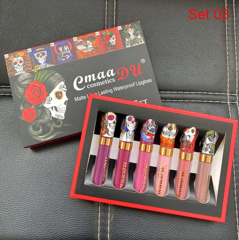 6Pcs Skull Face Matte Liquid Lipstick Set Lip Stain Makeup,24 Hour Long Lasting Waterproof Dark Red Matte Matt Lipsticks Lip Gloss Sets for Women Matt Liquid labiales matte larga duracion 24 Set03