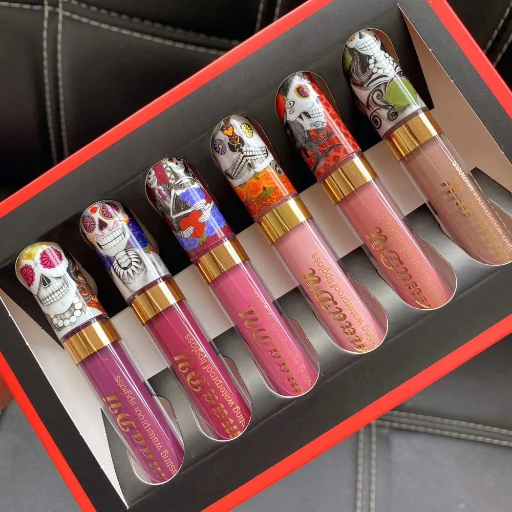 6Pcs Skull Face Matte Liquid Lipstick Set Lip Stain Makeup,24 Hour Long Lasting Waterproof Dark Red Matte Matt Lipsticks Lip Gloss Sets for Women Matt Liquid labiales matte larga duracion 24 Set03