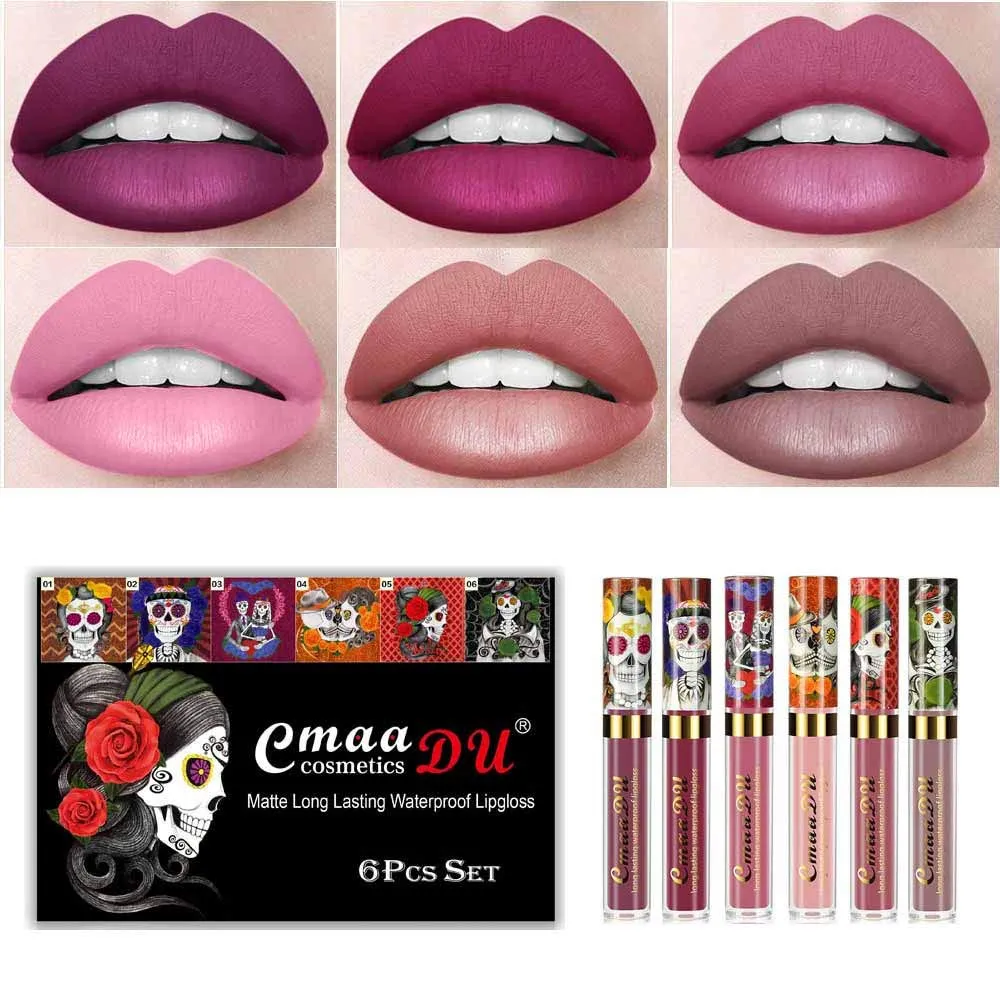 6Pcs Skull Face Matte Liquid Lipstick Set Lip Stain Makeup,24 Hour Long Lasting Waterproof Dark Red Matte Matt Lipsticks Lip Gloss Sets for Women Matt Liquid labiales matte larga duracion 24 Set03