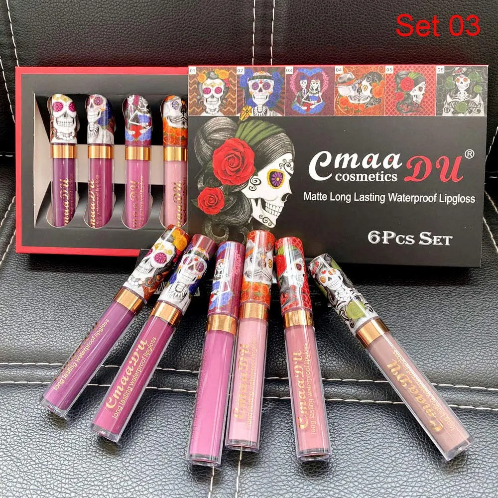 6Pcs Skull Face Matte Liquid Lipstick Set Lip Stain Makeup,24 Hour Long Lasting Waterproof Dark Red Matte Matt Lipsticks Lip Gloss Sets for Women Matt Liquid labiales matte larga duracion 24 Set03