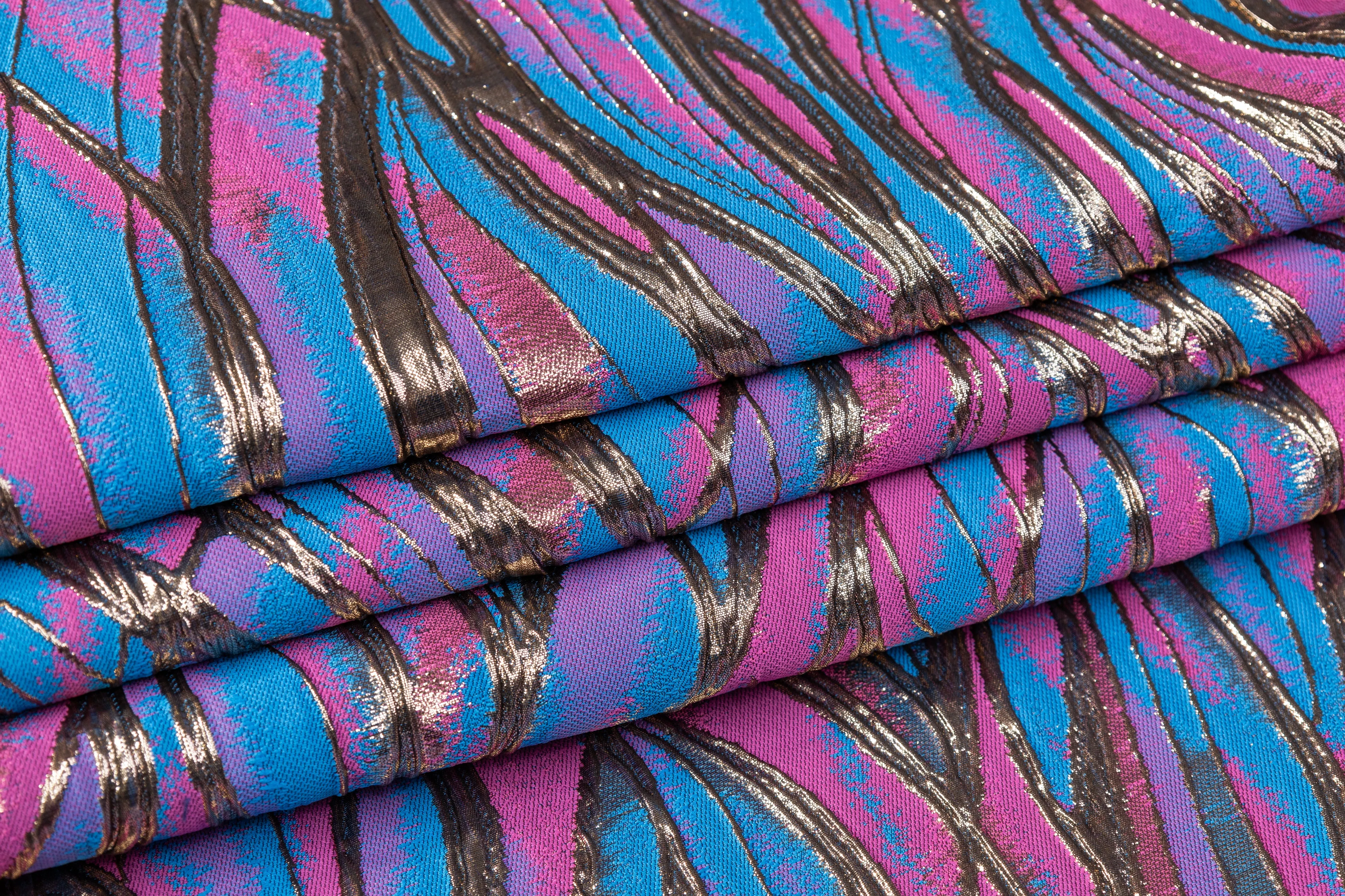 Abstract Metallic Cloqué Brocade - Blue / Pink
