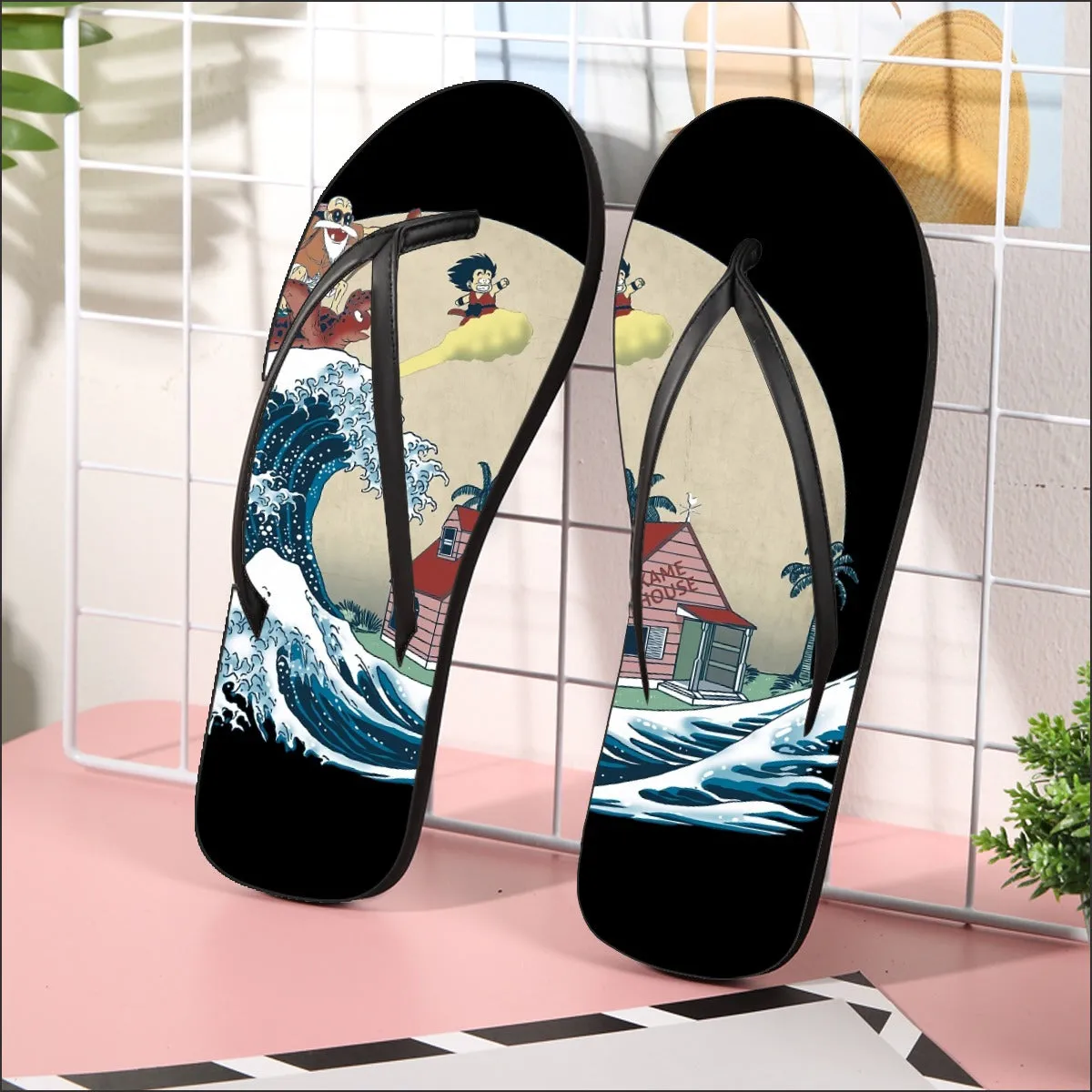 DBZ Kid Goku And Master Roshi Surfing To Kame House Flip Flops