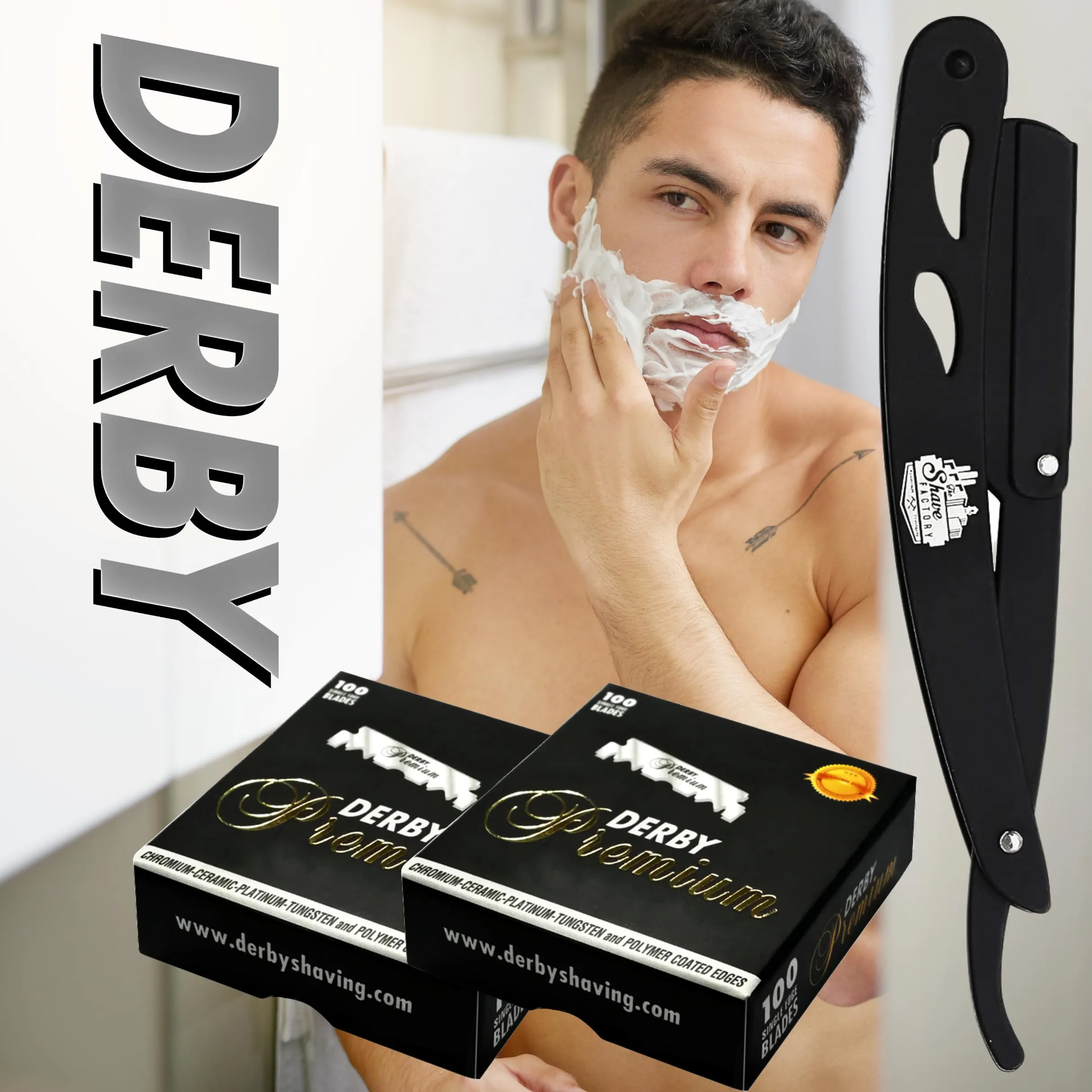 Derby Premium Single Edge Razor Blades, Razor Blades, Single Edge, Ultra Sharp, Chromium - Ceramic - Platinum - Tungsten and Polymer Coated Edges (50)