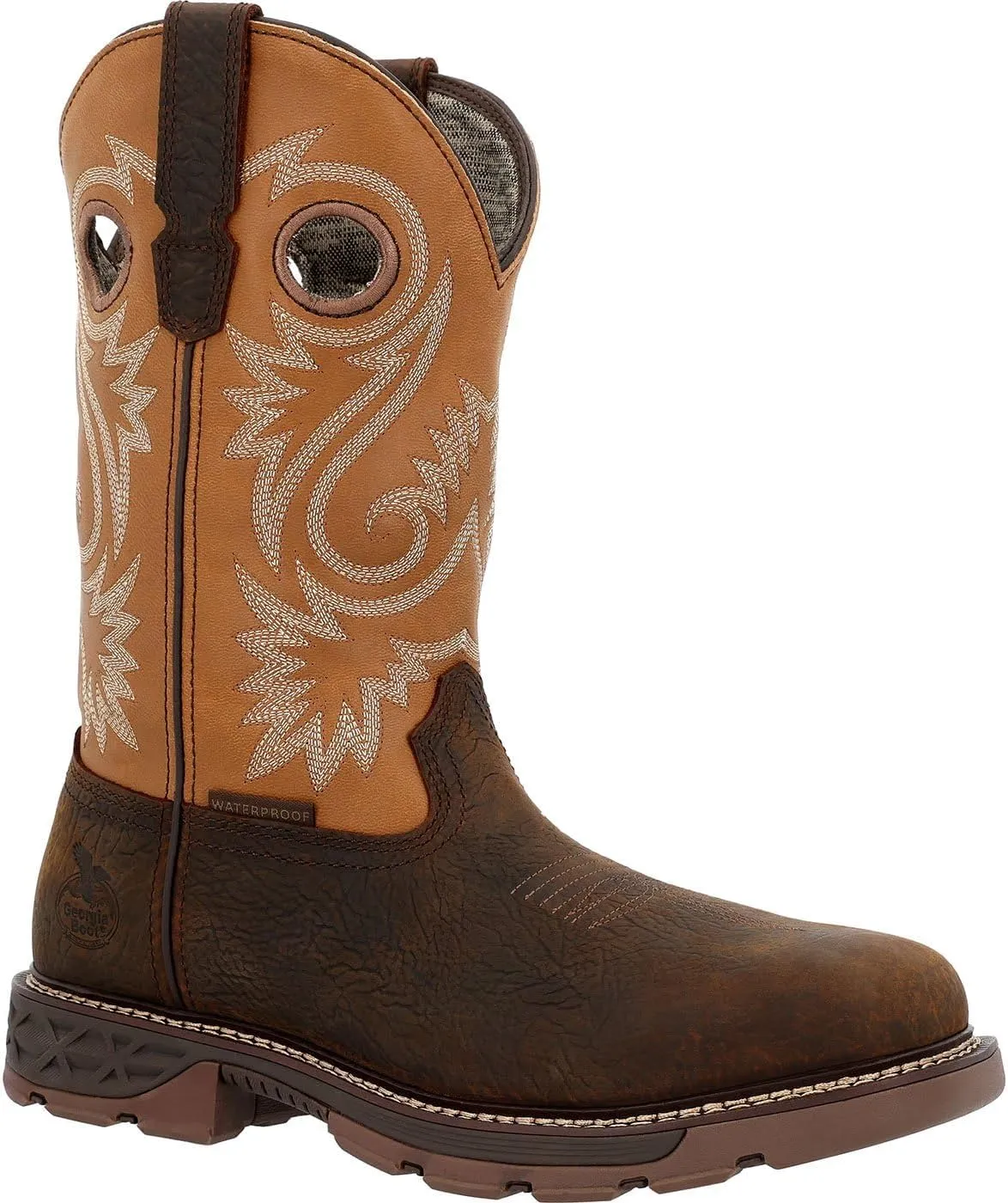 Georgia Boot Carbo-Tec FLX 11" Waterproof Alloy Toe Pull On Work Boot, Brown And Orange, Size 9(M)