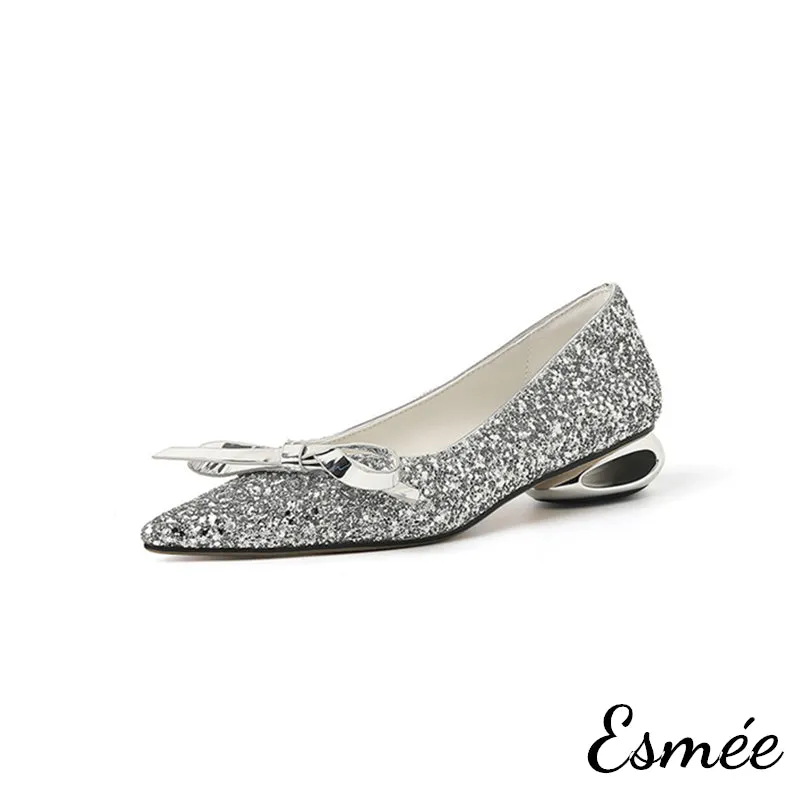 Glitter Low Heels with Bow Knot and Special Designed Heels