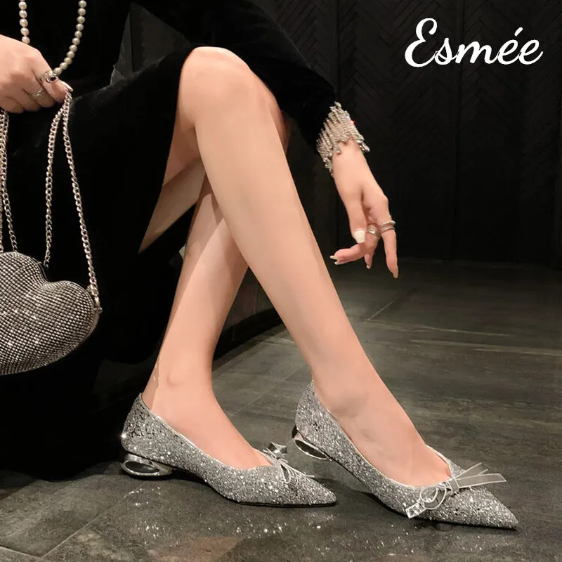 Glitter Low Heels with Bow Knot and Special Designed Heels