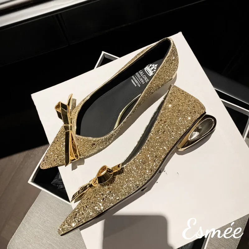 Glitter Low Heels with Bow Knot and Special Designed Heels