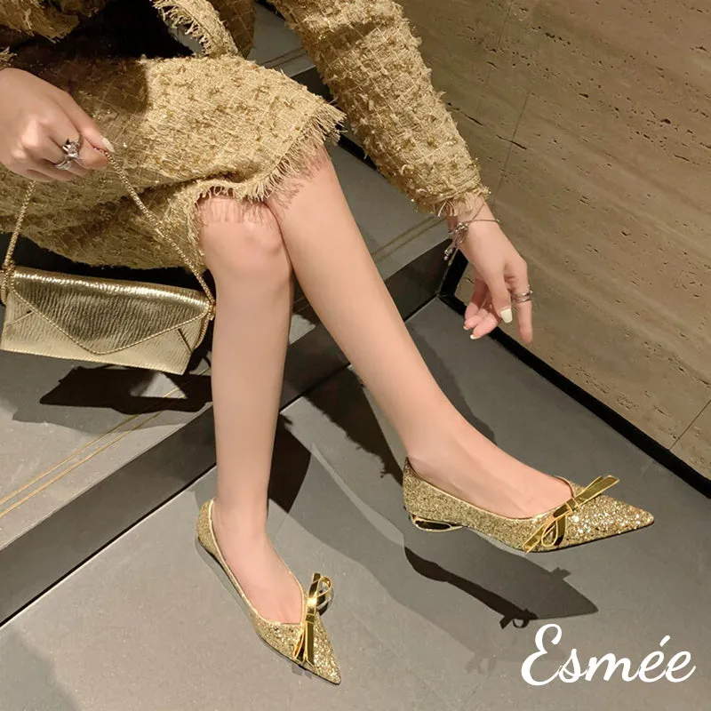 Glitter Low Heels with Bow Knot and Special Designed Heels