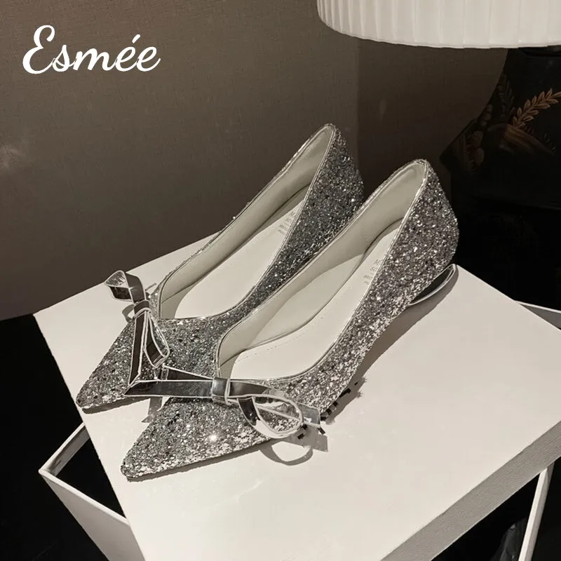 Glitter Low Heels with Bow Knot and Special Designed Heels