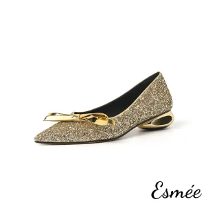 Glitter Low Heels with Bow Knot and Special Designed Heels