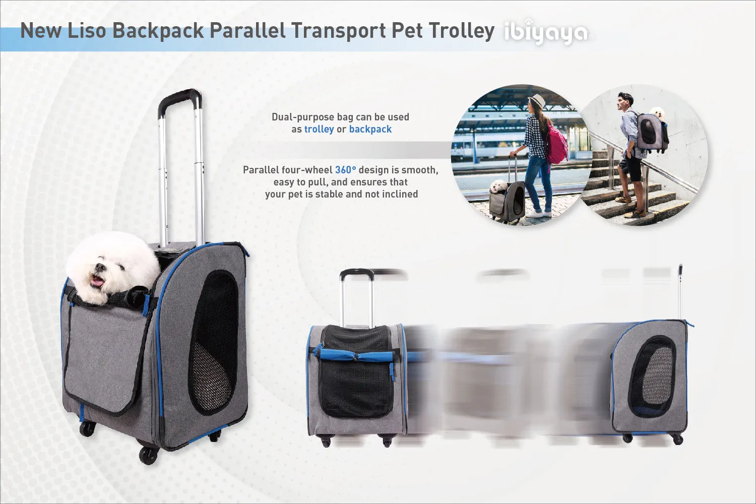 Ibiyaya Liso Backpack & Parallel Transport Pet Trolley | Slate/Sapphire