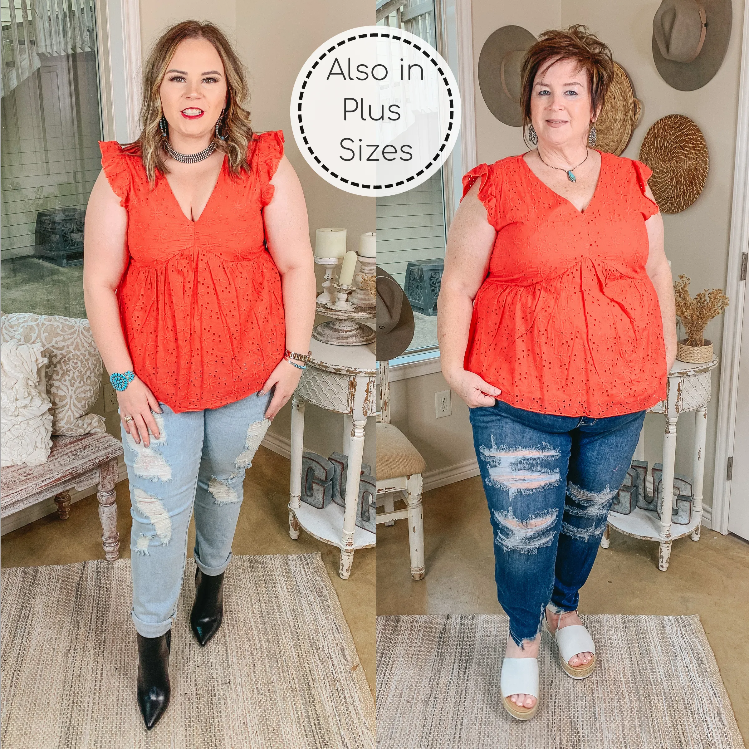Last Chance Size Medium | A Walk On The Pier Ruffle Sleeve Eyelet Babydoll Top in Red