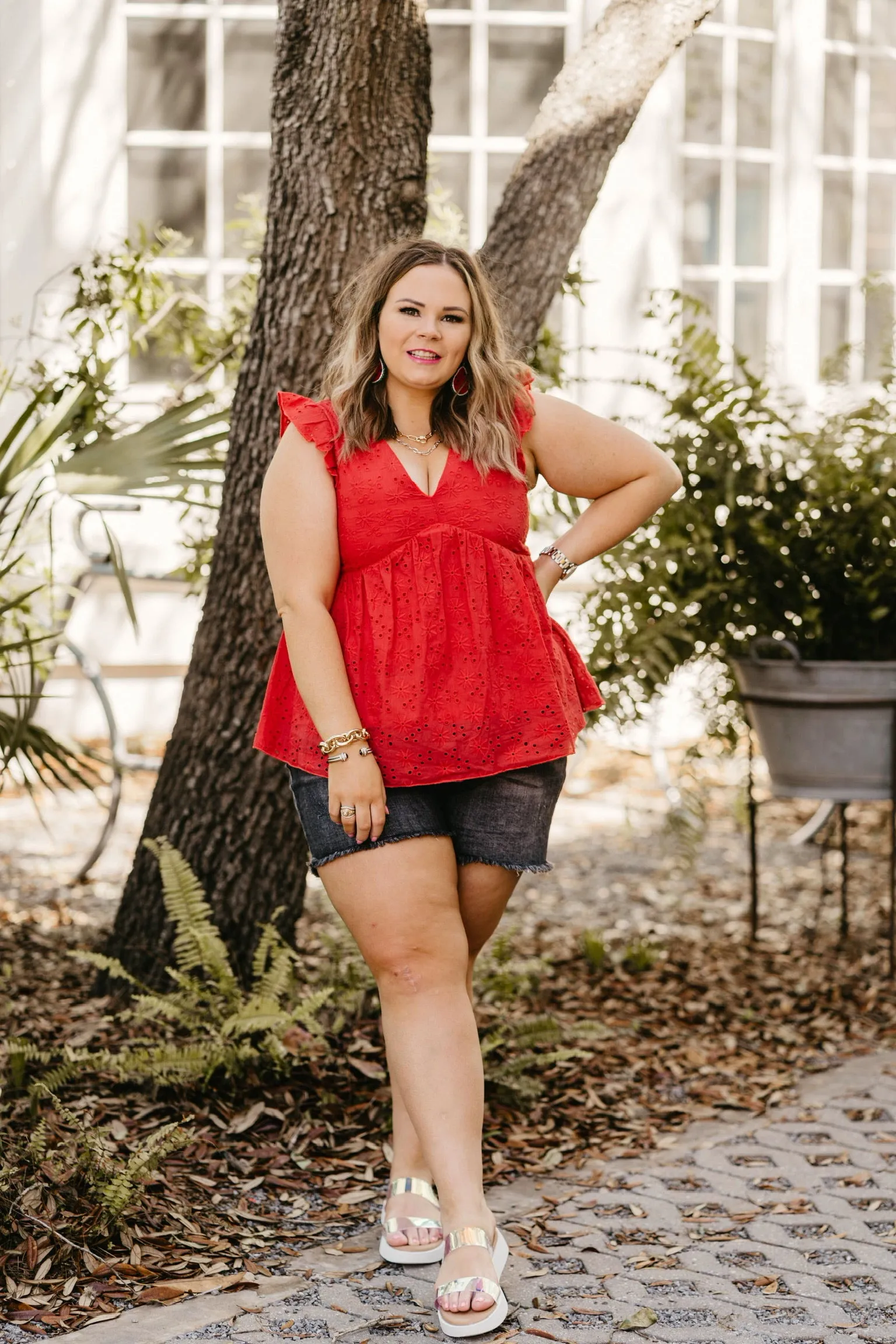 Last Chance Size Medium | A Walk On The Pier Ruffle Sleeve Eyelet Babydoll Top in Red