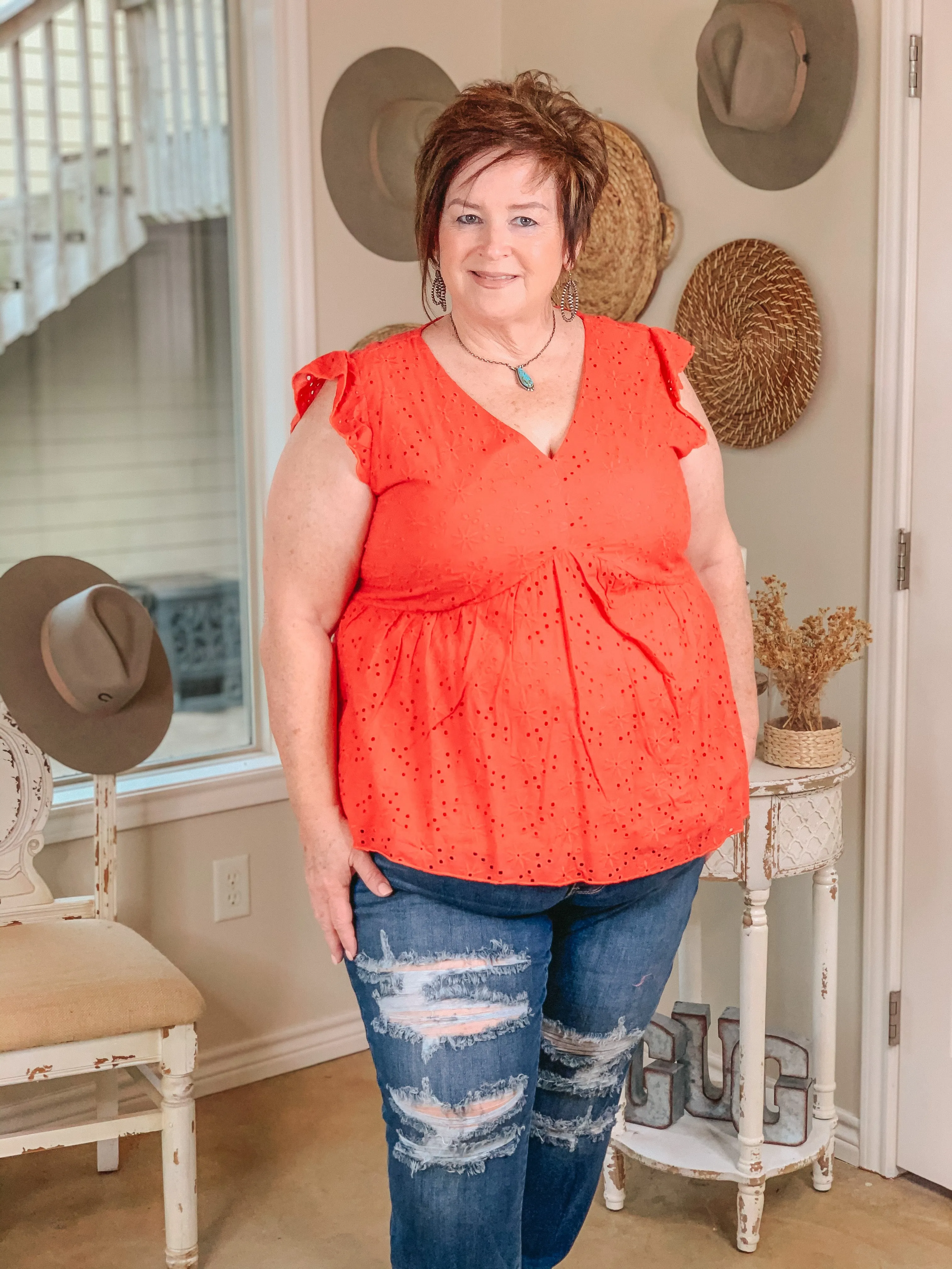 Last Chance Size Medium | A Walk On The Pier Ruffle Sleeve Eyelet Babydoll Top in Red