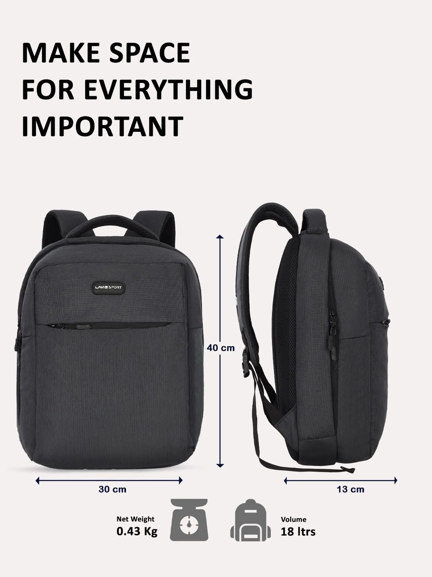 Lavie Sport Crest 18L Laptop Backpack For Men & Women | Laptop Bag For Boys & Girls Black