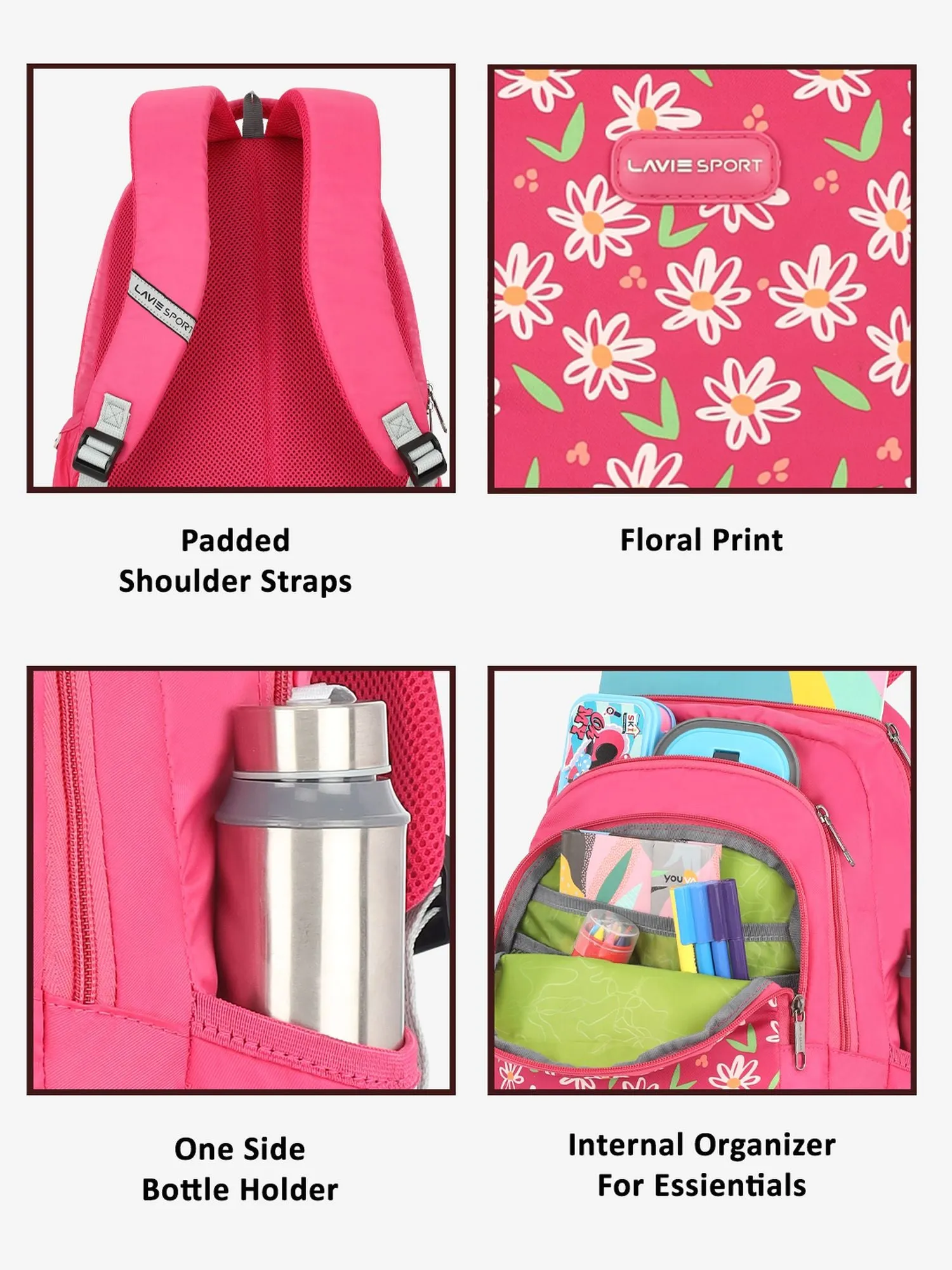 Lavie Sport Daze 26L Printed 17" School Backpack for Girls Magenta