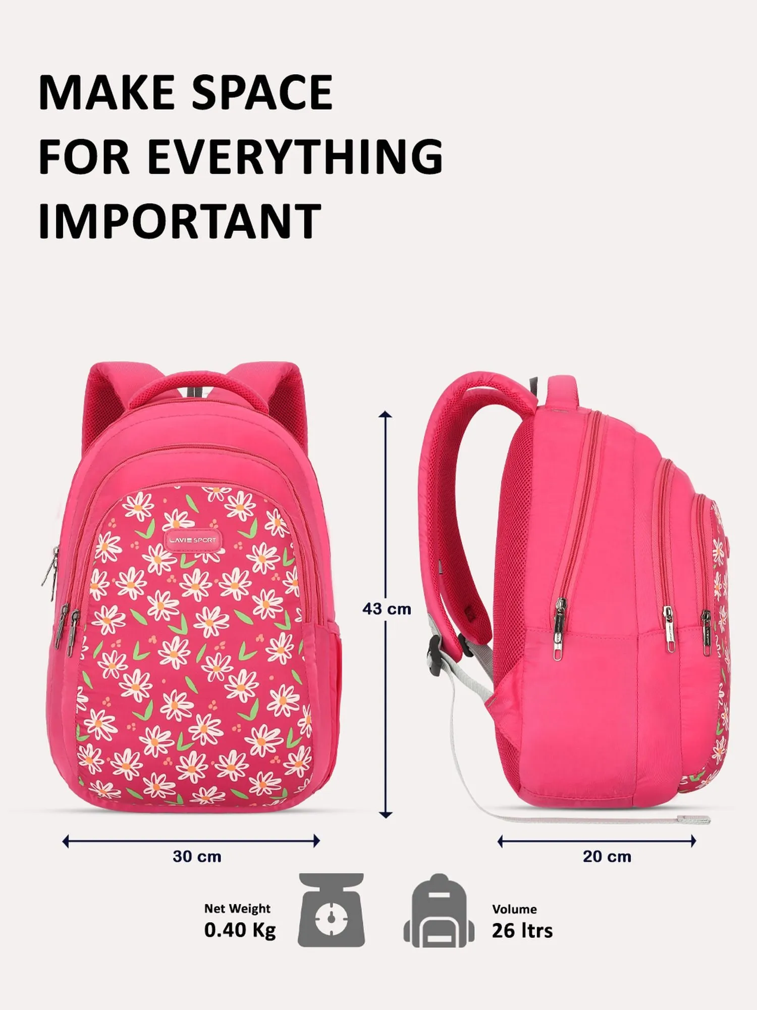 Lavie Sport Daze 26L Printed 17" School Backpack for Girls Magenta