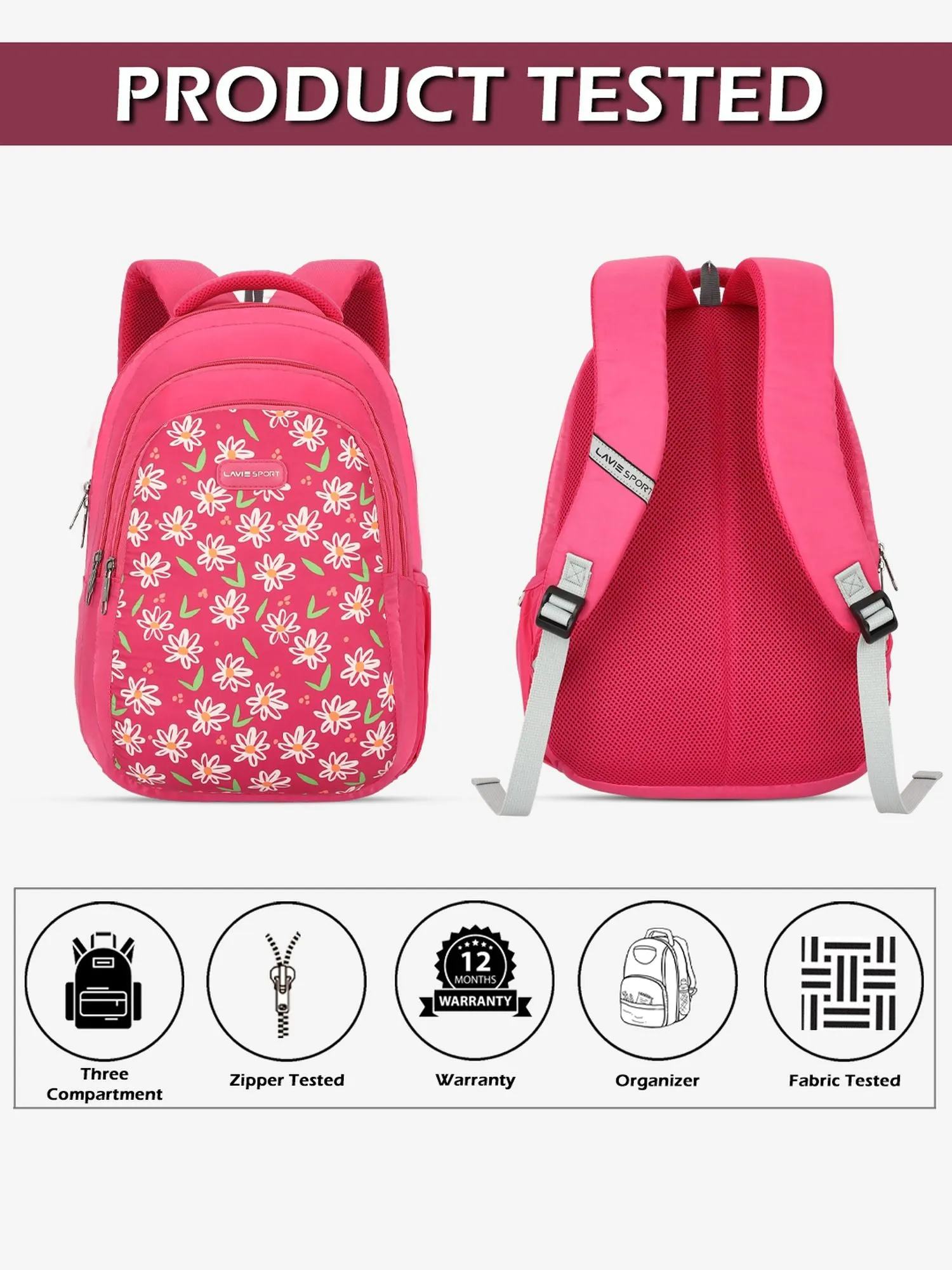 Lavie Sport Daze 26L Printed 17" School Backpack for Girls Magenta