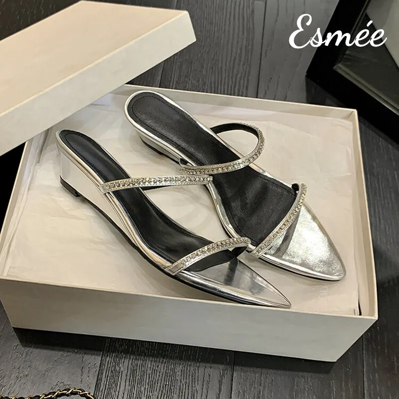 Leather Sandals with Diamond Straps and Wedge Heels