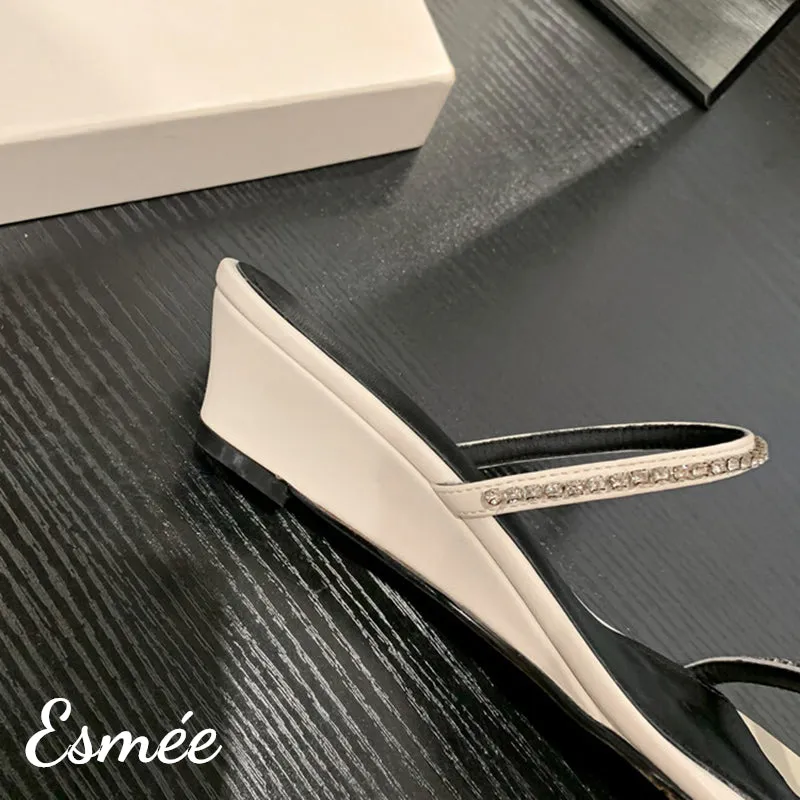 Leather Sandals with Diamond Straps and Wedge Heels