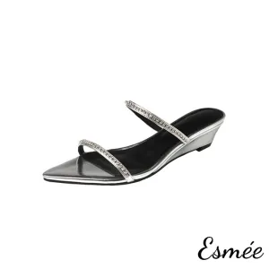 Leather Sandals with Diamond Straps and Wedge Heels
