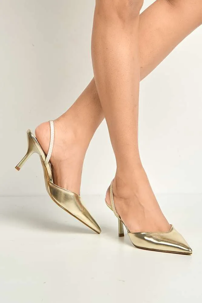 Liana Pointed Toe Slingback Court Shoes in Gold
