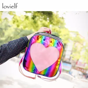 lovielf NEW Women Girls Ins Cute Love Heart Rainbow laser Bling Transparent Travel Backpack