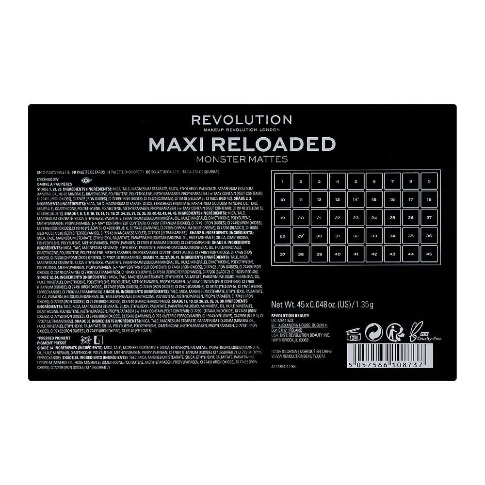 Makeup Revolution Maxi Reloaded Eyeshadow Palette, Monster Mattes, 45 Pieces