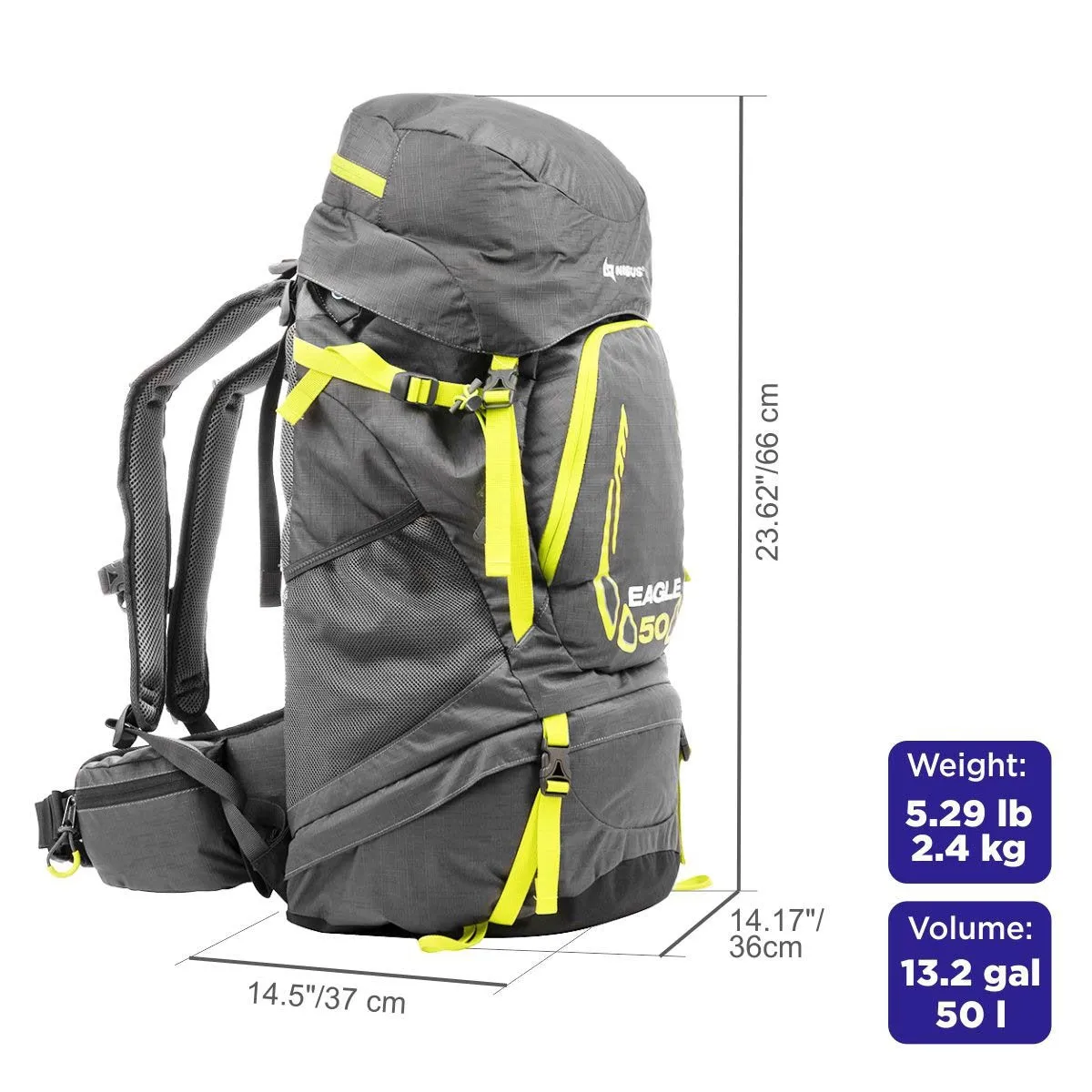 Nisus Eagle 50 L Internal Frame Hiking Backpack, Rain Cover