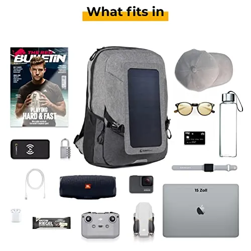 Sunnybag Explorer  | Solar Backpack with Removable 6 watt Solar Panel | USB Port | Including Laptop Compartment for 15.6 inch Notebook | 15 Liter | Water Resistant | Gray-Black