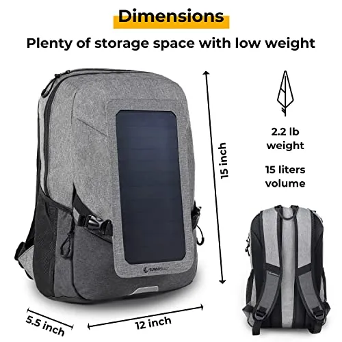 Sunnybag Explorer  | Solar Backpack with Removable 6 watt Solar Panel | USB Port | Including Laptop Compartment for 15.6 inch Notebook | 15 Liter | Water Resistant | Gray-Black