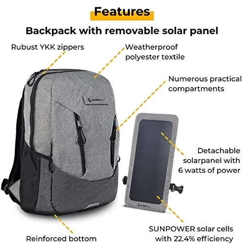 Sunnybag Explorer  | Solar Backpack with Removable 6 watt Solar Panel | USB Port | Including Laptop Compartment for 15.6 inch Notebook | 15 Liter | Water Resistant | Gray-Black
