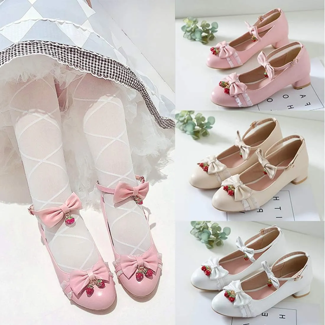 VOKLIN Women's Girls Lolita Mary Jane Flats Sweet Bow Ankle Strap Comfort Low Heel Princess Oxford Dress Shoes
