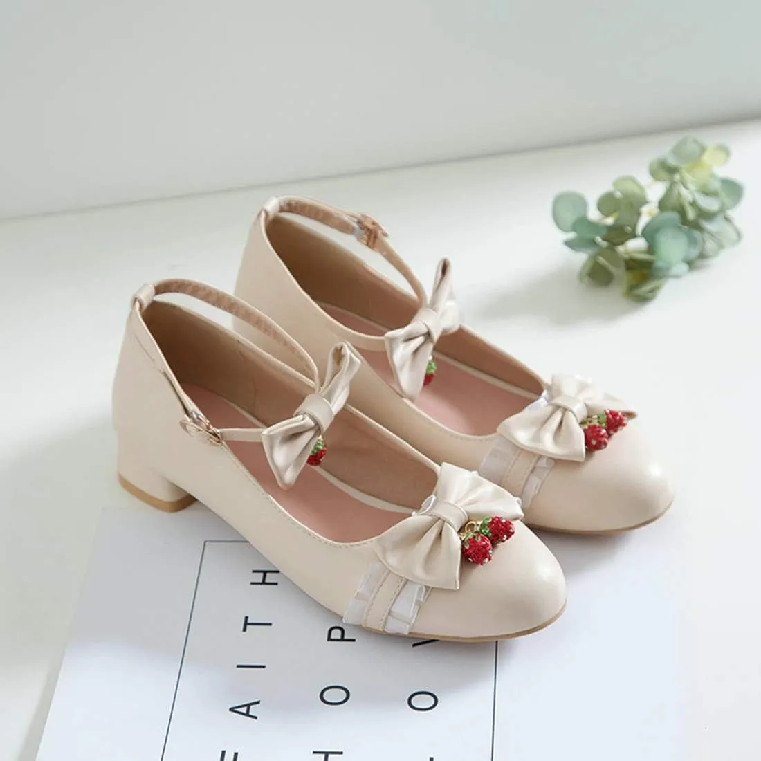 VOKLIN Women's Girls Lolita Mary Jane Flats Sweet Bow Ankle Strap Comfort Low Heel Princess Oxford Dress Shoes