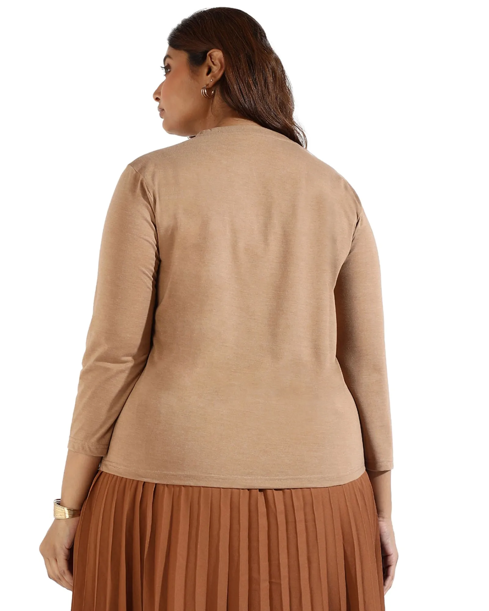Women Solid Quarter Sleeve Round neck Top | Brown